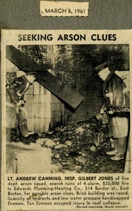 March 6, 1961 newspaper story featuring Inspector Gilbert W. Jones, Arson Squad, in East Boston.