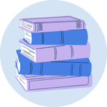 A light blue circle with a drawing of five books stacked vertically. The books alternate in color, starting with light purple, then bright blue.