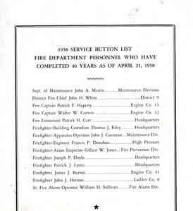 1958 Department notice to members for achieving 40 years of service, including FF - Arson Inspector Gilbert W. Jones.