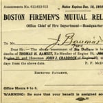 Receipt for George J. Baumeister paying the assessment to the Boston Firemen's Mutual Relief Assoc., November 18, 1918.