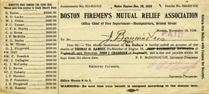 Receipt for George J. Baumeister paying the assessment to the Boston Firemen's Mutual Relief Assoc., November 18, 1918.