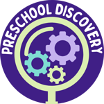Dark purple circle with a graphic of three multicolored gears. Surrounding the gears is a graphic of a light green magnifying lens and around that is text reading PRESCHOOL DISCOVERY.