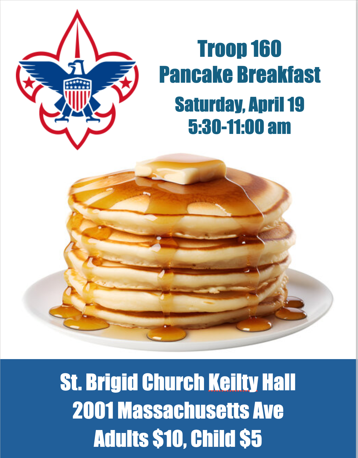 BSA Scout Troop 160 pancake breakfast graphic.