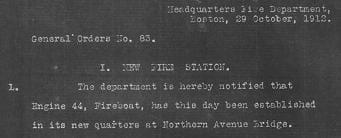 General Order #83 of 1912 announcing new firehouse for Fireboat Engine 44.