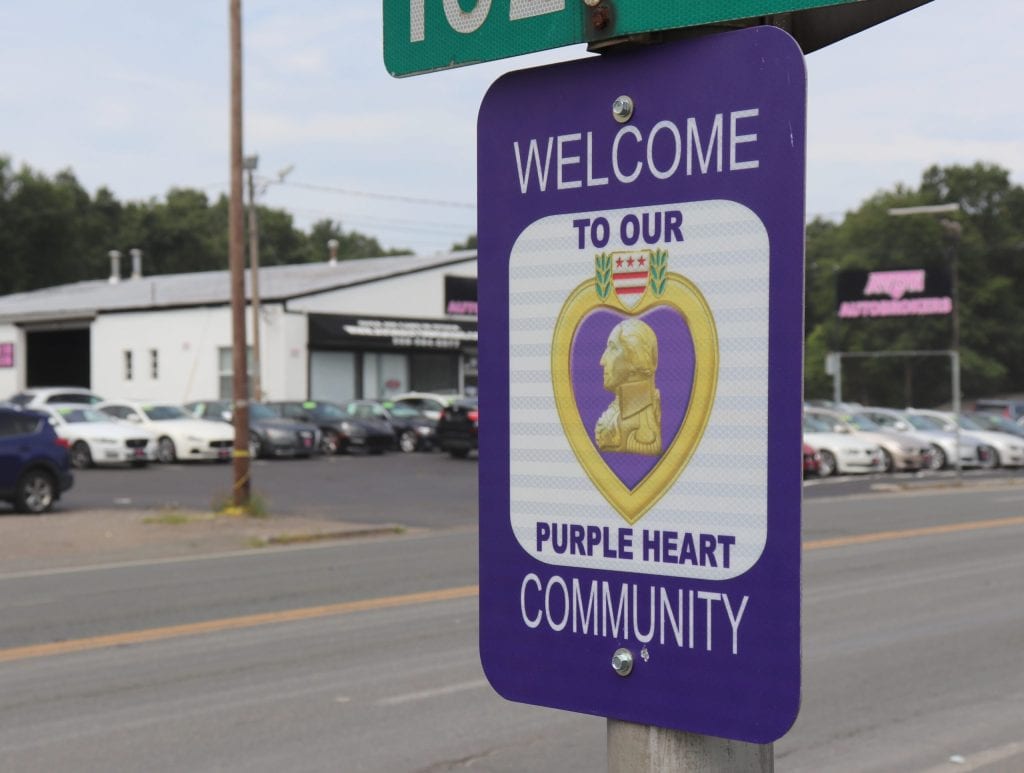 The Town of Avon has hung signs at various entrances to town in honor of their Purple Heart Community designation. (Photo courtesy Town of Avon)