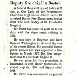 Boston Globe obituary of Deputy Fire Chief John Francis Pettit, July 10, 1979.