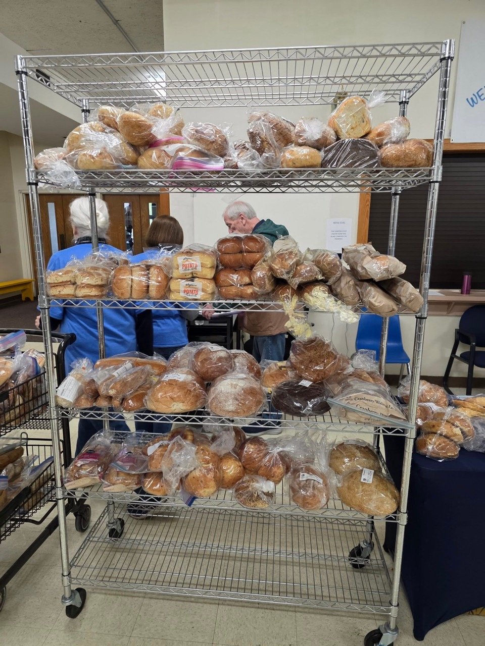 Shelves of baked goods at the Canton Helpline Food Pantry.
