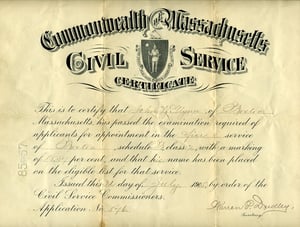 The Civil Service certificate notifying John L. Glynn of his examination score, July 3, 1905.