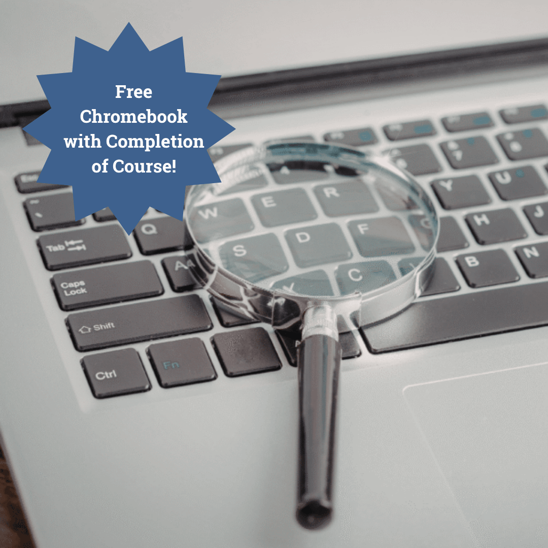 Computer laptop with magnifying glass