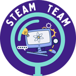 Dark purple circle with a graphic of a computer surrounded by various STEM images. Around the computer graphic is a graphic of a teal magnifying lens and around that is text that reads STEAM TEAM.
