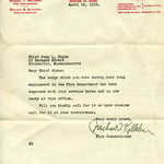 Fire Commissioner Michael T. Kelleher's letter to retired District Chief John L. Glynn advising his engraved badge is available for pich up, April 12, 1950.