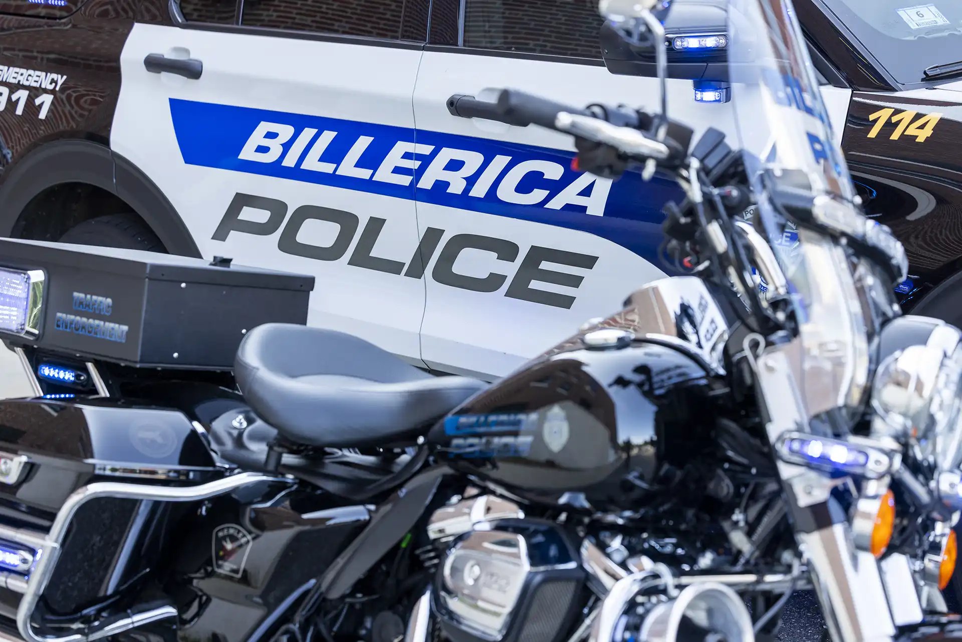 Close up of a Billerica Police Department motorcycle.