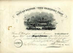 Appointment certificate for Hiram L. Wallingford as Foreman of Engine Co. 5, effective September 2, 1858.