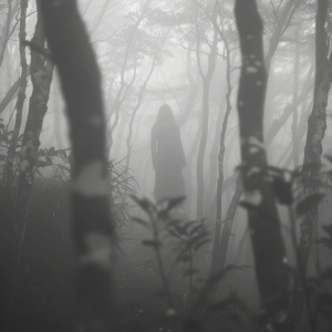 Mysterious figure stands in foggy woods.
