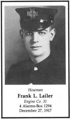 Photo of Hoseman Frank L. Lailer, LODD, December 27, 1917.