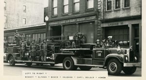 Company members and apparatus of Ladder Co. 12, c. 1959. Tractor 1957 Mack, Shop #252.