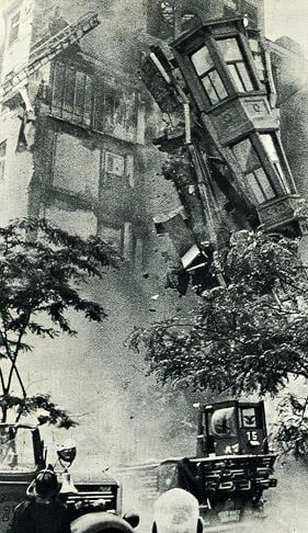 The upper floors crashing down during the collapse.