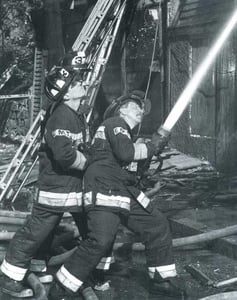 Members of Engine 37 operating a big line at Box 2-2264, (Highland & Beech Glen Sts., Roxbury.), 11/5/1997.