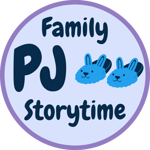 Light purple circle with a graphic of blue bunny slippers. Text to the side of the graphic reads Family PJ Storytime.