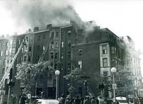 Dartmouth St. side, during the fire, before the collapse.