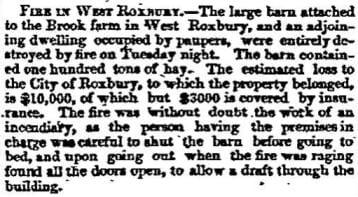 Newspaper report of a fire in West Roxbury on August 10, 1854