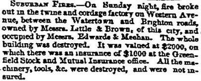 1855 Boston Atlas newspaper story of a fire in a twine and cordage factory on Western Ave.