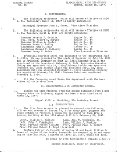 General Order #26 of 1947 announcing the retirement of Principal Operator John M. Ahern.