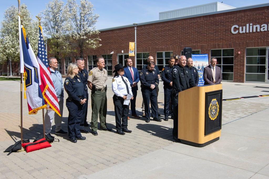 Utah Chiefs of Police Association President, Payson Police Chief Brad Bishop, speaks during a press conference at POST in Sandy on Tuesday, April 8, 2025 regarding the Find Yourself in Utah Campaign and Law Enforcement Career Day (Courtesy Photo)