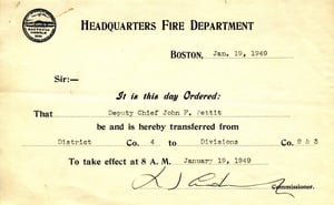 Transfer notice for Deputy Chief John F. Pettit, from District 4 to Divisions 2 & 3, effective January 19, 1949.