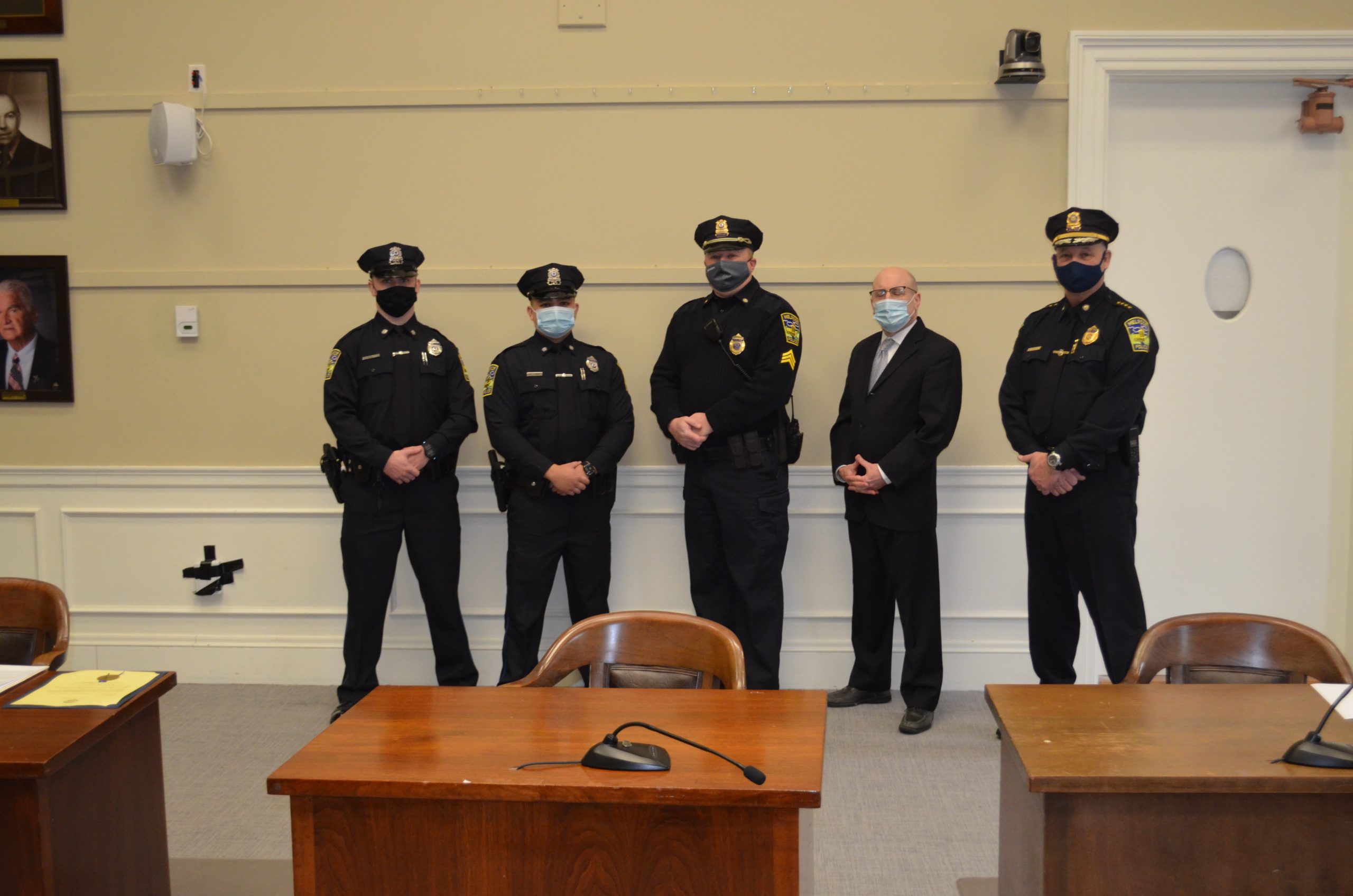 From left: Officer Andrew Ruby, Officer Thomas Grant, Sgt. Michael Lynch, Mayor Paul Brodeur and Chief Michael L. Lyle. (Photo courtesy of the Melrose Police Department)