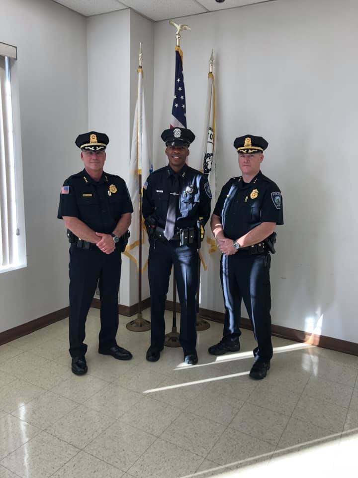 From left to right: Avon Police Chief Jeffrey Bukunt, Officer Hans Guillaume and Deputy Chief Denis Linehan. Officer Guillaume was sworn in on Thursday, June 25. (Photo courtesy Avon Police Department)