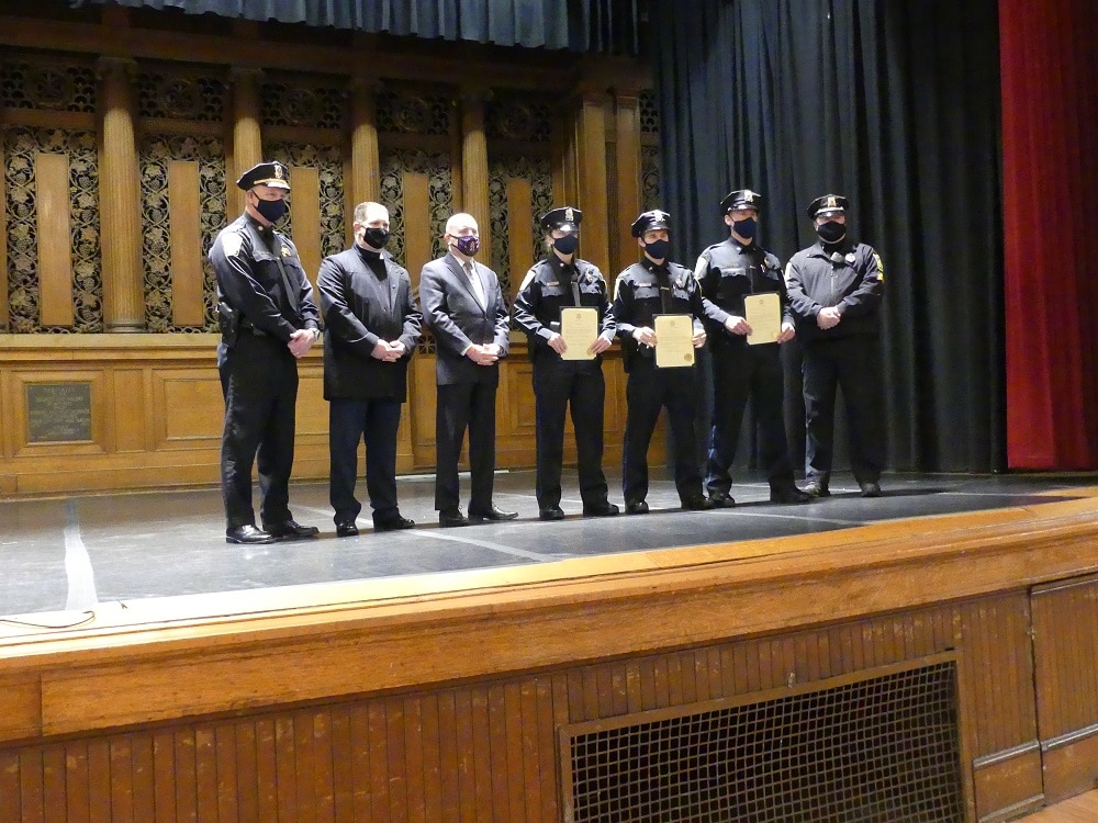 From left: Chief Michael Lyle, City Council President Chris Cinella, Mayor Paul Brodeur, Officer Ashley Baldwin, Officer Lucas Kaestner, Officer Alexander Wilson and Sergeant Michael Lynch. (Photo courtesy of the Melrose Police Department)