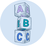 Light blue circle with a drawing of a stack of three wooden alphabet blocks inside. The C block is at the bottom, with the B above it, and the A above that. The C is in bright blue, the B in teal, and the A in light purple.