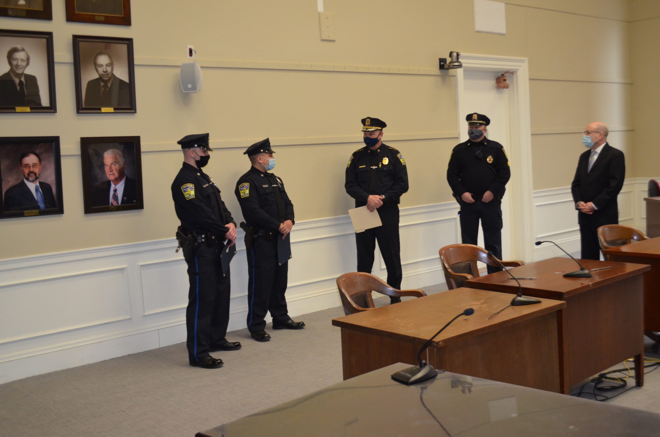 From left: Officer Andrew Ruby, Officer Thomas Grant, Chief Michael L. Lyle, Sgt. Michael Lynch and Mayor Paul Brodeur. (Photo courtesy of the Melrose Police Department)