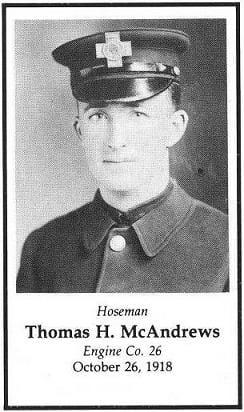 Hoseman Thomas H. McAndrews, LODD October 26, 1918.