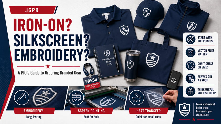 Iron-On? Silkscreen? Embroidery? A PIO’s Guide to Ordering Branded Gear Without Looking Like a Rookie (AI Generated featured image)