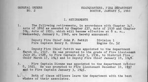General Order #2 of 1960, announcing the retirement of Deputy Fire Chief John F. Pettit, Division 1, effective January 6, 1960.