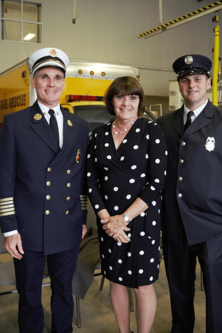 From left: Wayland Fire Chief Neil McPherson, Middlesex District Attorney Marian Ryan, and Wayland Firefighter/Paramedic Mitch Mabardy. (Photo Courtesy Wayland Fire Department)