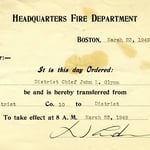 Transfer certificate for District Chief John L. Glynn, from District 10 to District 7, March 23, 1949.