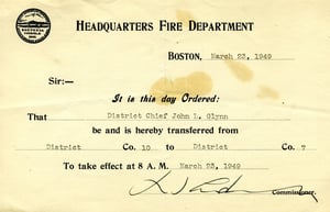 Transfer certificate for District Chief John L. Glynn, from District 10 to District 7, March 23, 1949.