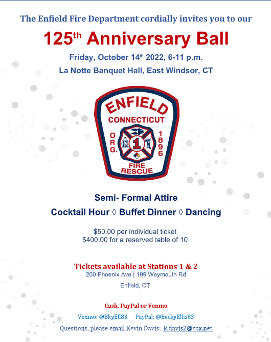 *REMINDER* Enfield Fire District No. 1 to Host 125th Anniversary Ball