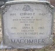 Photo of the gravestone of Hoseman Edward F. Macomber, Mt. Benedict Cemetery, West Roxbury, MA.