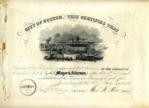 Appointment certificate for Hiram L. Wallingford, as the Assistant Foreman of Engine Co. 3, effective February 1, 1856.