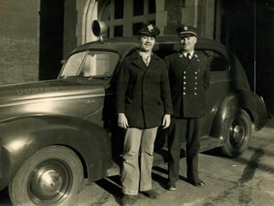 (L) Hoseman Vincent A. Bolger and (R) District Chief Edward J. Gaughan, District 6, circa 1947.
