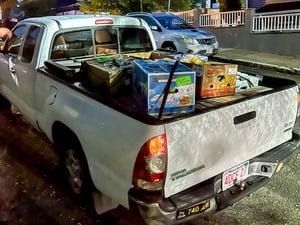 A white pickup truck with boxes of food stacked in both the truck bed and cabin.