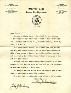 Invitation for District Chief John L. Glynn to attend a meeting of the Officers' Club on March 8, 1950.