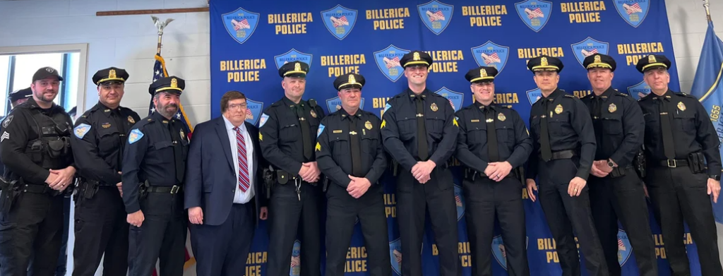 Billerica Police stand together after four officers were promoted to sergeant on Friday. From left are Sgt. Rocco Magliozzzi, Lt. John Zarro. Lt. Commander Ronald Balboni, Town Manager John Curran, Sgt. Stephen Cogswell, Sgt. Andrew Devito, Sgt. Cory Bandouveres, Sgt. Gilbert Ynostroza, Chief Roy Frost, Deputy Chief Glen Magnan, and Lt. Commander Greg Katz.