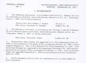 General Order #7 of 1967 announcing the retirement of Fire Lieutenant Vincent D. Vitale, Ladder Co. 28, March 1, 1967.