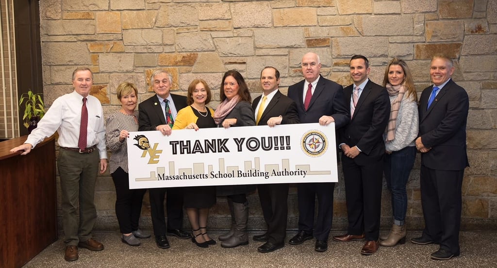 The Massachusetts School Building Authority is partnering with Northeast Metro Tech on a new school building project. Left to right: School Committee member Larry Means, School Committee member Judith Dyment, School Committee member Peter Rossetti, Principal Carla Scuzzarella, School Committee Chair Deborah Davis, Superintendent David DiBarri, School Committee member Robert McCarthy, Director of Finance Jay Picone, School Committee member Dawne Armistead and Joseph Papagni, President of Northeast Metro Tech's Teachers Association. (Courtesy Photo Northeast Metro Tech)