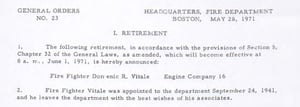 General Order #23 of 1971 announcing the retirement of Fire Fighter Domenic R. Vitale, Engine Co. 16, June 1, 1971.